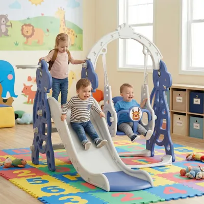 Produktbild von YZNAHRE Rutsche Kinderrutsche 4-in-1 Set, Kinder Spielzeugrutsche Indoor Outdoor mit Basketballkorb & Schaukelstuhl, für Max 50KG ab 1-6 Jahre Kinder (Type B, Bogen)