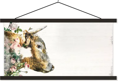 Produktbild von MuchoWow® Textilposter Schottische Hochlandrind - Aquarell - Blumen 120x60 cm mit schwarzem Rahmen - Dekoration Schlafzimmer