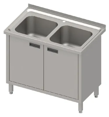 Imagen del producto de Armario de fregado con puertas abatibles, de 1000 x 600 x 850 mm, con dos cubetas con borde elevado, soldadas