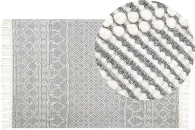 Produktbild von BELIANI Flächenteppich Beige und Grau Wolle 160 x 230 cm Geometrisches Muster mit Fransen handgewebtes Wohnzimmer Schlafzimmer Boho Modern