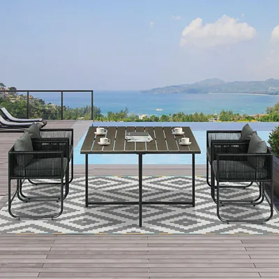 Image de Ensemble de salle à manger en polyrotin, 5 pièces, salon de jardin comprenant une table et 4 chaises, en rotin PE et acier, gris | 110 x 110 x 75 cm | coussins lavables | résistant aux intempéries