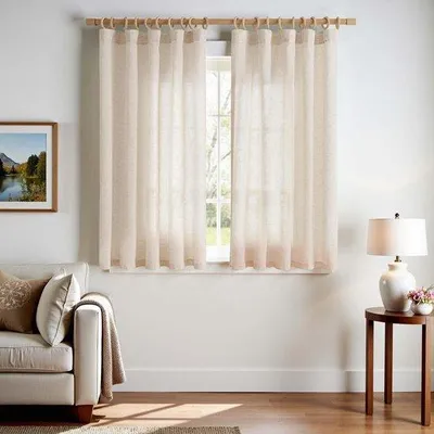 Productafbeelding van Unyqoos® Set van 2 halfdoorzichtige landhuisgordijnen, 140x145 cm, polyester-linnenmix, lichtdoorlatend, met plooiband – geschikt voor woonkamer, slaapkamer en keuken