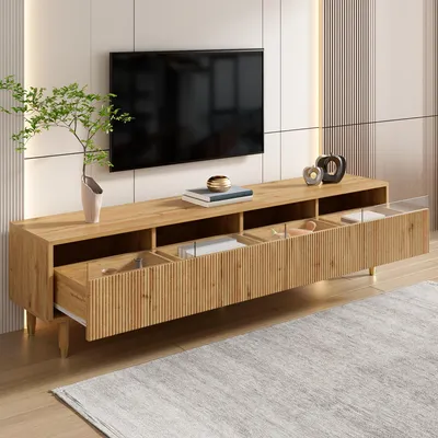 Image de OKWISH Meuble TV - Avec Gestion des Câbles - MDF - 178x35x45 cm - Couleur Bois