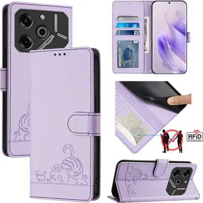 Produktbild von Leder Hülle für Tecno Pova 6 / Pova 6 Pro Süße Katze Flip Case Brieftasche Schutzhülle mit Standfunktion Lila