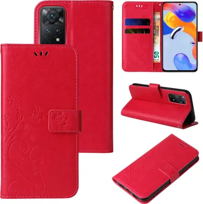 Produktbild von Handyhülle für Xiaomi Redmi Note 11 Pro Floral Blumen Schmetterling Flip Cover Hülle Case Klapphülle Handytasche Farbe: Rot