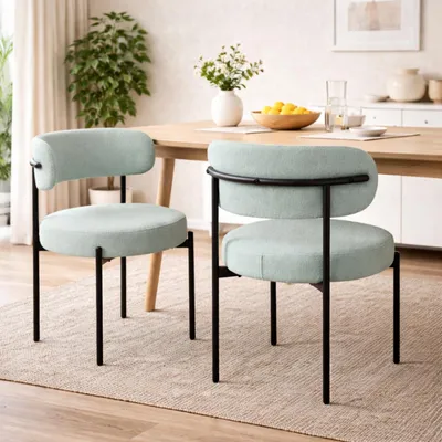 Produktbild von HAGO24 Esszimmerstühle 2er Set Mint Teddystoff Bezug Polsterstuhl Sitzhöhe 49cm rund schwarze Metallfüße Grün gemütlich edles Design bis 120kg