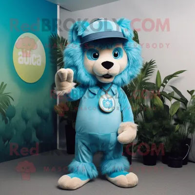 Produktbild von Cyan-Bändiger-Löwe REDBROKOLY Maskottchen Kostüm charakter bekleidet mit einem Strampler und Hüten