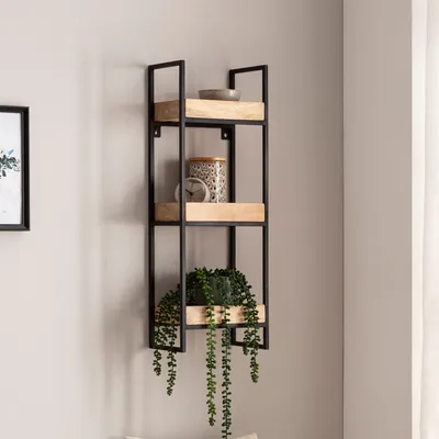 Produktbild von WOHNLING Wandregal 27x77x18 cm Mango Massivholz / Metall Hängeregal Industrial Schweberegal Rechteckig Regal Hängend Wohnzimmer Tablettregal Wand mit