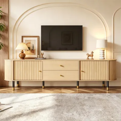 Obrázek produktu pro TV stolek Merax Ovaler s posuvnými dvířky a zásuvkami, nízký televizní stolek vyrobený z dřevotřísky a MDF, televizní nábytek s úchytkami a šesti nohami, vhodný pro televizory do velikosti 75 palců, barva: přírodní