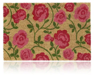 Productafbeelding van Relaxdays deurmat van kokosvezel, met rozenmotief, afmetingen 40x60 cm, geschikt voor binnen en buiten, antislip, deurmat, roze/naturel, AI-gegenereerde afbeelding