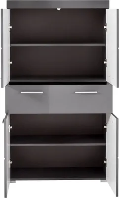 An open gray cabinet with two shelves and two drawers.