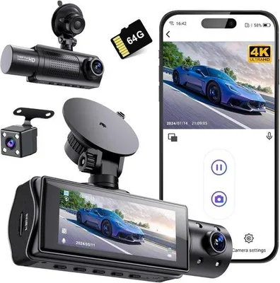 Immagine prodotto di Set doppia telecamera per auto - Telecamera per auto Full HD - Obiettivo grandangolare - Visione notturna - Sensore di movimento - Modalità parcheggio - Registrazione in loop - Con scheda SD
