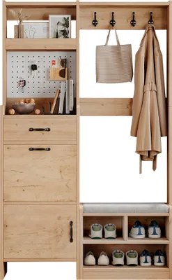 Produktbild von Merax Garderobenset, Wandgarderobe mit Schuhbank, Schuhschrank, 4 Kleiderhaken, 1 Schublade, 2 Türen, Flurmöbel, Garderobenständer, Natur