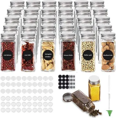 Image de Ensemble de 30 pots à épices Unyqoos® – pots en verre carrés de 120 ml (10,5 x 4,3 cm) avec distributeurs (grand/petit), couvercles en aluminium inoxydable, étiquettes et entonnoir