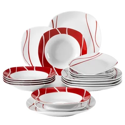 Obrázek produktu pro Porcelánová jídelní souprava s červeným pruhem, servis pro 6/12 osob, 18 kusů
