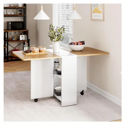 Produktbild von Klappbarer Esstisch aus Holz, ausziehbar für 4 Personen, Küchentisch mit 2 Ablageflächen und Rollen, platzsparendes Design für kleine Räume