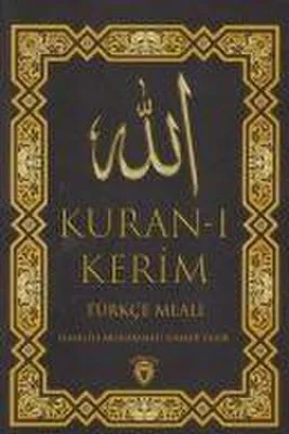 The image shows the cover of a book titled "Kuran-i Kerim Türkce Meali" with decorative gold borders and Arabic calligraphy.