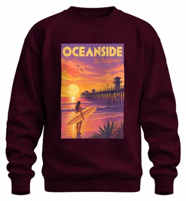Zdjęcie produktu dla Bluza z kapturem, idealna na plażę, dla surferów z Kalifornii, z motywem zachodu słońca nad oceanem, kolor burgundowy, rozmiar L
