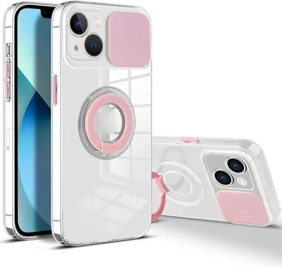 A clear product shot of an iPhone 13 mini case with a pink camera cover and a pink ring holder.