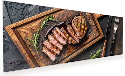Produktbild von Küchenrückwand Spritzschutz Glas mit Motiv Servierbrett Fleisch 40 x 40 cm