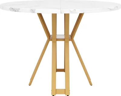 Obrázok produktu pre Okrúhly jedálenský stôl Sweiko (100 x 100 x 76 cm), ľahký a luxusný okrúhly stôl pre 4-6 osôb, vhodný do jedálne a obývačky, zlaté nohy, mramorovaná doska z MDF
