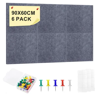 Produktbild von Große Kork-Wandpinnwand, 90 x 60 cm, 6 selbstklebende Filz-Pinnwände mit 60 Reißzwecken, Filz-Memotafel, Fotowand, Wanddekoration für Büro, Küche