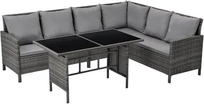 Produktbild von Famanu Polyrotan Eckbank Gartenmöbelset mit Lounge-Eßtisch - Grau