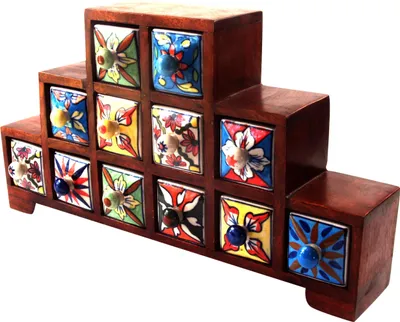 Produktbild von Apothekerschränkchen mit Bunten Keramik Schubfächern, Gewürzkiste - 2,4,6 Fächer, Braun, Holz, 25*44*9 cm, Dosen, Boxen & Schatullen