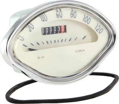 Productafbeelding van SIP Beige snelheidsmeter, 112x69mm, blauwe cijfers, verchroomde behuizing, maximale snelheid 120 km/u