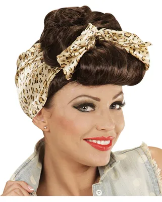 Zdjęcie produktu dla peruka rockabilly pin up girl z lat 50. z opaską w panterkę