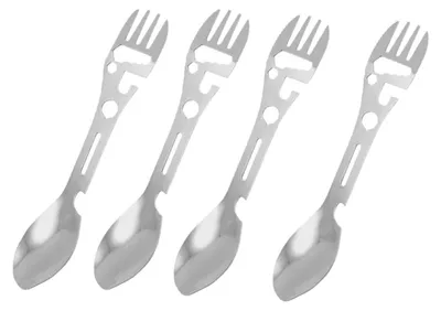 Produktbild von INF 4er-Pack 10-in-1 Edelstahl Multifunktions-Löffel (Spork) mit Flaschenöffner, Sechskantschlüssel und Säge für Camping & Reisen Silber
