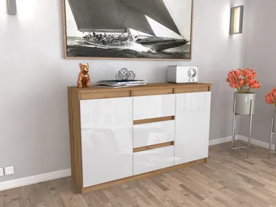 Zdjęcie produktu dla AZ team ® Duża Komoda z Szufladami WOTAN BIAŁY POŁYSK Szafka 120CM Bezuchwytowa do Salonu Sypialni 2 drzwi 3 szuflady