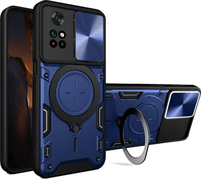 Produktbild von Handyhülle für Xiaomi Poco M4 Pro 4G Dual-Layer Stoßfest Rüstung Hülle mit Dia Kameraschutz und Kreisförmig Ring Ständer Blau