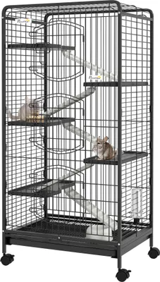 Produktbild von PawHut Kleintierkäfig, Nagetierkäfig mit Rädern, Rampe, Schüssel, Wasserflasche und abnehmbarem Tablett, Gehege für Kaninchen, Chinchillas, Frettchen, 64 x 43,5 x 131 cm, Schwarz