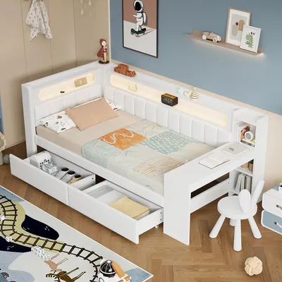 Immagine prodotto di Merax day bed 90x200 con 2 cassetti, connessione USB, LED, scrivania, contenitore, divano letto per bambini con cuscini di lino, bianco