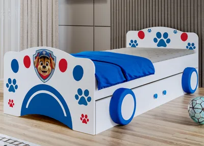 A child's bed designed to look like a car, with Paw Patrol branding.