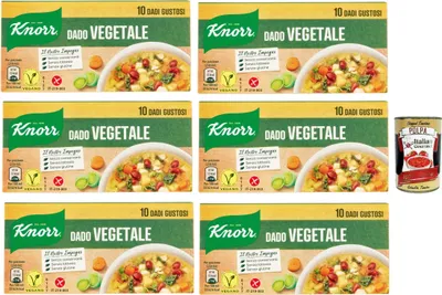 Produktbild von 6x Knorr Dado Vegetale, dado brodo Suppen würfel Brühe 10 pz, Nachhaltige Gemüsebrühe, glutenfrei, Laktose und Konservierungsmittel, für Suppen, Gemüsebrühwürfel + Italian Gourmet polpa 400g