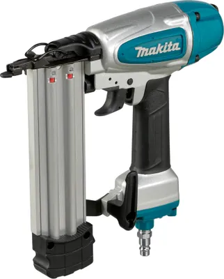 A professional studio shot of a Makita air-powered nail gun against a white background.