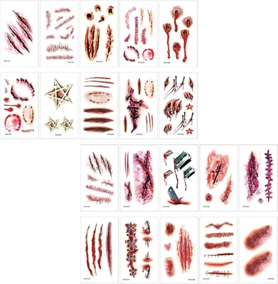 Imagen del producto de Tatuajes temporales de Halloween con diseños de heridas, 20 hojas, con cicatrices y sangre realistas, ideales para disfraces de zombis