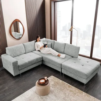 Produktbild von riess-ambiente Wohnlandschaft KENT 220cm grau Strickstoff Ecksofa inkl. Hocker und Kissen
