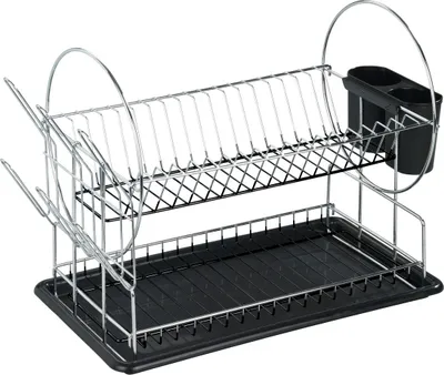 A two-tier chrome dish rack with a black plastic tray and cutlery holder.