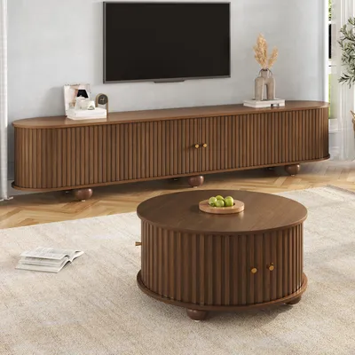 Obrázok produktu pre Sada nábytku do obývačky Merax pozostávajúca z nábytku s posuvnými dverami z MDF, okrúhleho konferenčného stolíka so 4 priehradkami, zakriveného TV stolíka s kovovými nožičkami guľovitého tvaru v orechovom dekóre