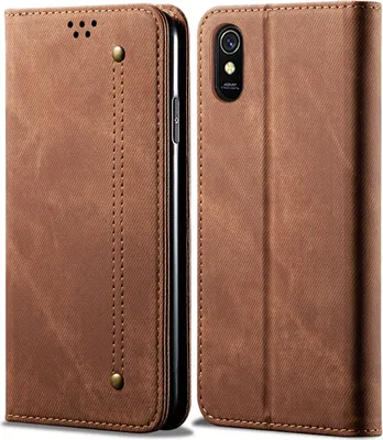Produktbild von Redmi 9A Hülle, LaimTop Denim Leder Brieftasche Magnetverschluss Flip Bookstyle Schutzhülle mit Standfunktion für Xiaomi Redmi 9A Braun