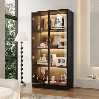 Produktbild von Schwarze Vitrine 80x40x160cm, 2 Glastüren & 3-farbiger LED-Beleuchtung, 4-Lagen Vitrinenschrank, Push-to-Open, P2 MDF, für Sammlungen & Wohnzimmer