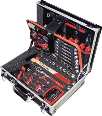 An open tool case with various tools neatly arranged inside.
