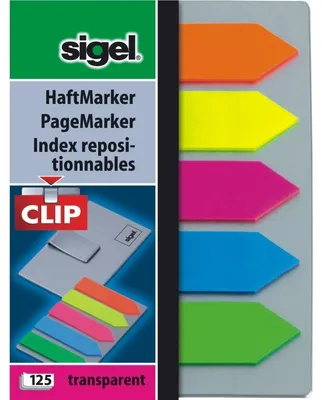 Produktbild von SIGEL HN611 Haftmarker, Folie, mit Clip, Pfeile, 50x12 mm, grün, blau, violett, gelb, orange, 125 BL