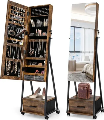 Produktbild von GOPLUS Schmuckschrank mit Spiegel, 360° drehbarer Spiegelschrank mit Schublade, abschließbare Schmuckaufbewahrung mit Rollen (Braun)