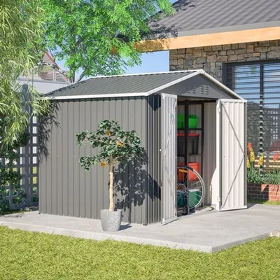 Immagine prodotto di Capanno per attrezzi 8x6 piedi, colore antracite, in metallo, ampio spazio di stoccaggio per il giardino, dimensioni 229x180x191 cm