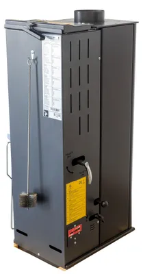 Productafbeelding van Babas Eco Mini hybride oven, geschikt voor pellets en hout. Combioven, kachel, 8 kW. Pelletkachel zonder elektriciteit, zwart. Houtkachel, houtoven, kachel