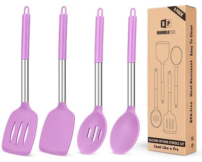 Produktbild von Silikon-Kochutensilien-Set 4-teilig violett antihaftbeschichtet hitzebeständig BPA-frei